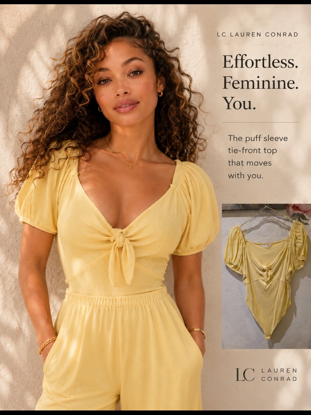 LC Lauren Conrad Yellow Puff Sleeve Tie-Front Top